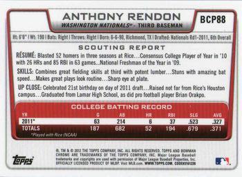 2012 Bowman - Chrome Prospects #BCP88 Anthony Rendon Back