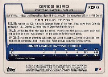 2012 Bowman - Chrome Prospects #BCP98 Greg Bird Back