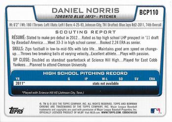 2012 Bowman - Chrome Prospects #BCP110 Daniel Norris Back