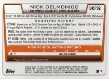 2012 Bowman - Chrome Prospects #BCP92 Nick Delmonico Back