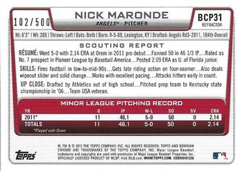 2012 Bowman - Chrome Prospects Refractors #BCP31 Nick Maronde Back