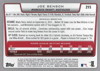 2012 Bowman - Chrome Rookie Autographs #215 Joe Benson Back