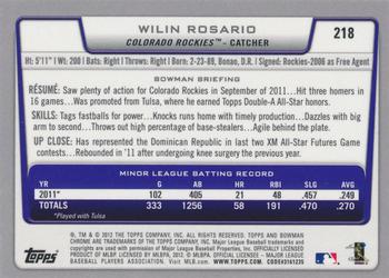 2012 Bowman - Chrome Rookie Autographs #218 Wilin Rosario Back