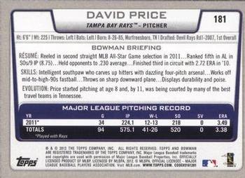 2012 Bowman - Gold #181 David Price Back
