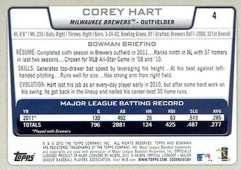 2012 Bowman - Gold #4 Corey Hart Back