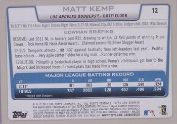 2012 Bowman - Gold #12 Matt Kemp Back