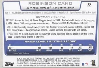 2012 Bowman - Gold #22 Robinson Cano Back