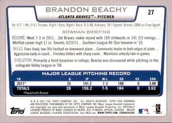 2012 Bowman - Gold #27 Brandon Beachy Back