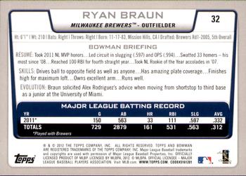 2012 Bowman - Gold #32 Ryan Braun Back