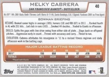 2012 Bowman - Gold #40 Melky Cabrera Back