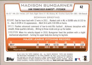 2012 Bowman - Gold #42 Madison Bumgarner Back