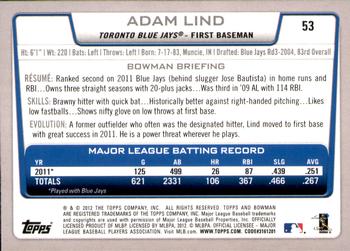 2012 Bowman - Gold #53 Adam Lind Back