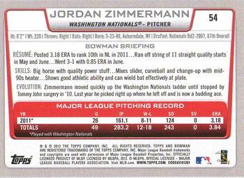 2012 Bowman - Gold #54 Jordan Zimmermann Back