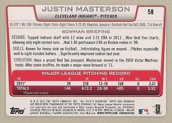 2012 Bowman - Gold #58 Justin Masterson Back