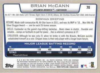 2012 Bowman - Gold #70 Brian McCann Back