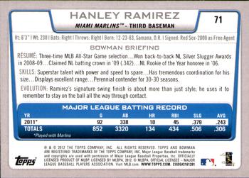 2012 Bowman - Gold #71 Hanley Ramirez Back