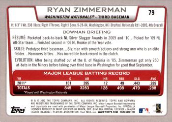 2012 Bowman - Gold #79 Ryan Zimmerman Back