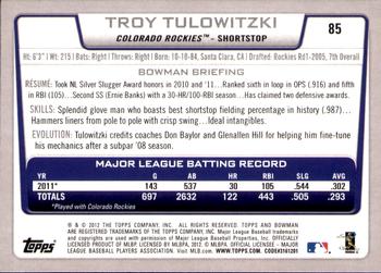 2012 Bowman - Gold #85 Troy Tulowitzki Back