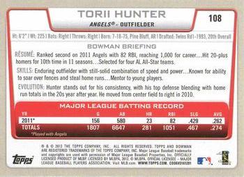 2012 Bowman - Gold #108 Torii Hunter Back