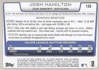 2012 Bowman - Gold #135 Josh Hamilton Back