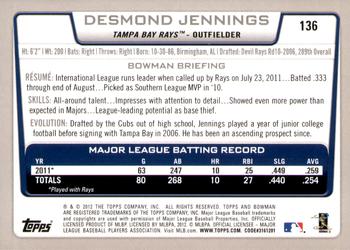 2012 Bowman - Gold #136 Desmond Jennings Back