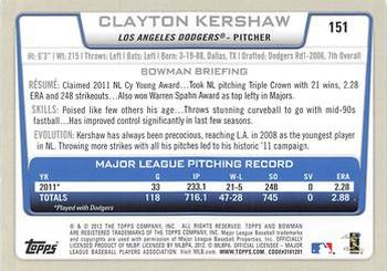 2012 Bowman - Gold #151 Clayton Kershaw Back