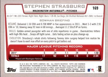 2012 Bowman - Gold #169 Stephen Strasburg Back