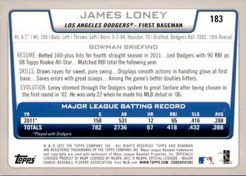 2012 Bowman - Gold #183 James Loney Back