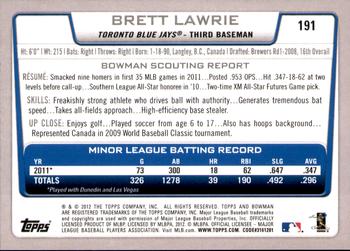 2012 Bowman - Gold #191 Brett Lawrie Back