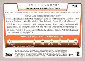 2012 Bowman - Gold #200 Eric Surkamp Back