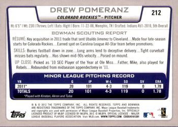 2012 Bowman - Gold #212 Drew Pomeranz Back