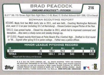 2012 Bowman - Gold #216 Brad Peacock Back