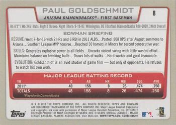 2012 Bowman - Gold #8 Paul Goldschmidt Back