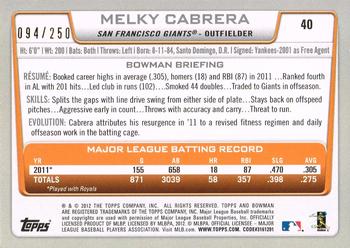 2012 Bowman - Orange #40 Melky Cabrera Back