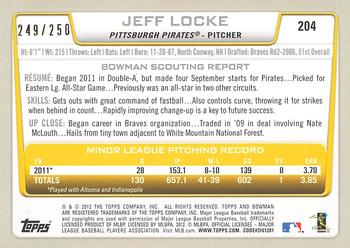 2012 Bowman - Orange #204 Jeff Locke Back