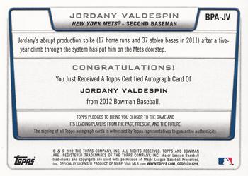 2012 Bowman - Prospect Autographs #BPA-JV Jordany Valdespin Back