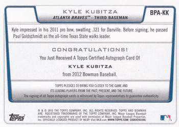 2012 Bowman - Prospect Autographs #BPA-KK Kyle Kubitza Back