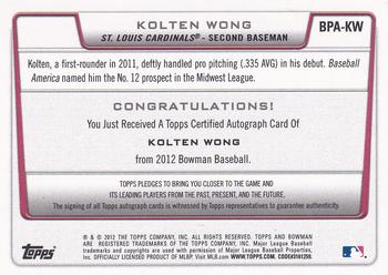 2012 Bowman - Prospect Autographs #BPA-KW Kolten Wong Back