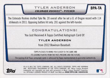 2012 Bowman - Prospect Autographs #BPA-TA Tyler Anderson Back