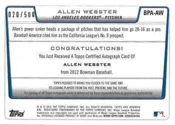 2012 Bowman - Prospect Autographs Blue #BPA-AW Allen Webster Back
