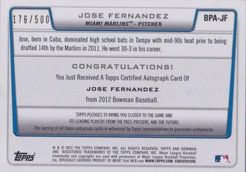 2012 Bowman - Prospect Autographs Blue #BPA-JF Jose Fernandez Back