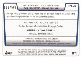 2012 Bowman - Prospect Autographs Blue #BPA-JV Jordany Valdespin Back