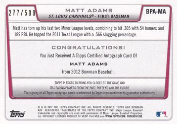 2012 Bowman - Prospect Autographs Blue #BPA-MA Matt Adams Back