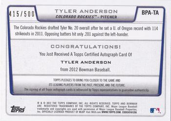 2012 Bowman - Prospect Autographs Blue #BPA-TA Tyler Anderson Back