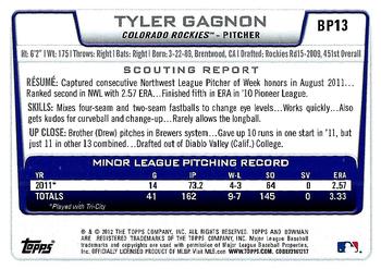 2012 Bowman - Prospects #BP13 Tyler Gagnon Back