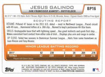 2012 Bowman - Prospects #BP16 Jesus Galindo Back