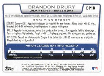 2012 Bowman - Prospects #BP18 Brandon Drury Back