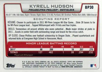 2012 Bowman - Prospects #BP30 Kyrell Hudson Back