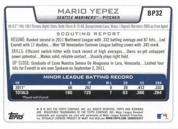 2012 Bowman - Prospects #BP32 Mario Yepez Back