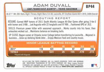 2012 Bowman - Prospects #BP44 Adam Duvall Back